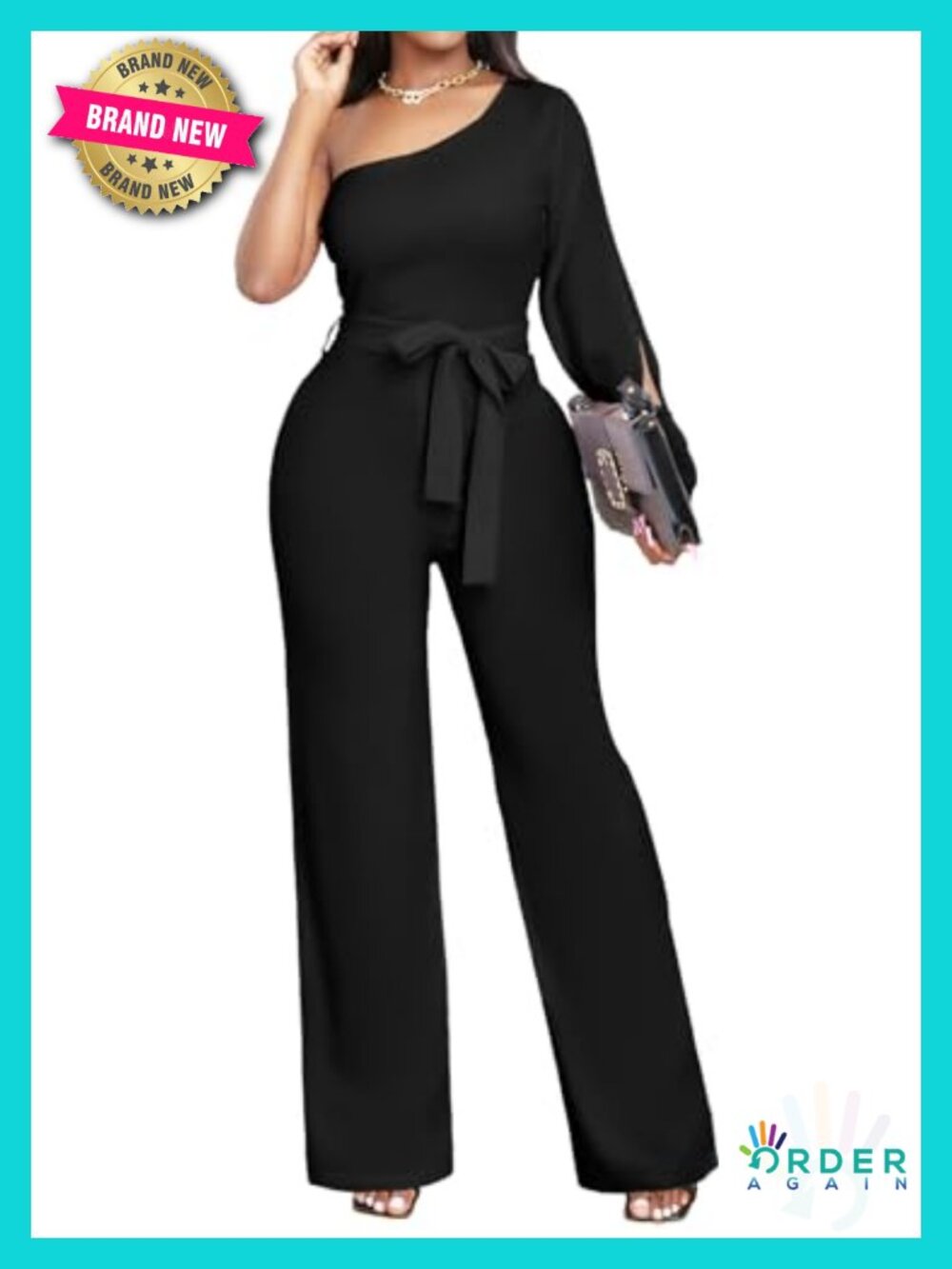 Womens Dressy One Shoulder Jumpsuit with Belt Long Straight Pants